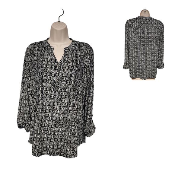 Westport Tops - Westport Women’s Tunic Top Notched V-neck Blouse Boho Floral Black/White Size L